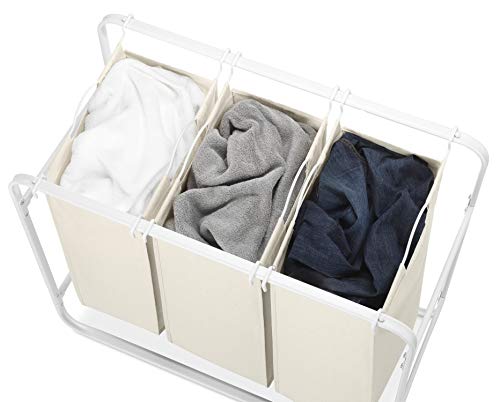 Whitmor Retro Triple 3 Removable Bags-White & Canvas Laundry Sorter, White/Canvas