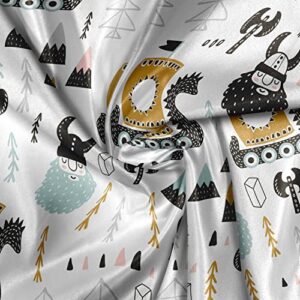Lunarable Scandinavian Fabric by The Yard, Childish Pattern with Vikings Hand-Drawn Nordic Cultural Historical Elements, Decorative Satin Fabric for Home Textiles and Crafts, 1 Yard, Multicolor