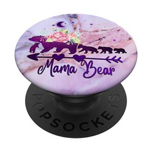 purple floral mama bear with four cubs on pink blue marbled popsockets swappable popgrip