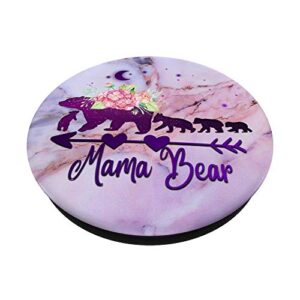 Purple Floral Mama bear with Four cubs on Pink Blue Marbled PopSockets Swappable PopGrip