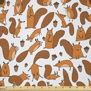 lunarable squirrel fabric by the yard, funny squirrel family playing with nuts continuous pattern print, microfiber fabric for arts and crafts textiles & decor, 1 yard, dark orange