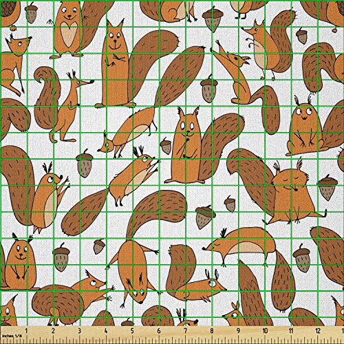 Lunarable Squirrel Fabric by The Yard, Funny Squirrel Family Playing with Nuts Continuous Pattern Print, Microfiber Fabric for Arts and Crafts Textiles & Decor, 1 Yard, Dark Orange