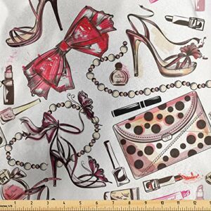 lunarable fashion fabric by the yard, feminine objects concept with make up lipstick perfume high heel shoes and hand bag, decorative satin fabric for home textiles and crafts, 1 yards, multicolor