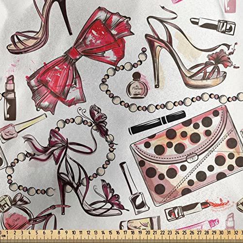 Lunarable Fashion Fabric by The Yard, Feminine Objects Concept with Make up Lipstick Perfume High Heel Shoes and Hand Bag, Decorative Satin Fabric for Home Textiles and Crafts, 1 Yards, Multicolor