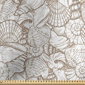Lunarable Seashells Fabric by The Yard, Vintage Style Illustration Pile of Aquatic Ocean Wildlife Theme, Decorative Satin Fabric for Home Textiles and Crafts, 1 Yard, White Beige