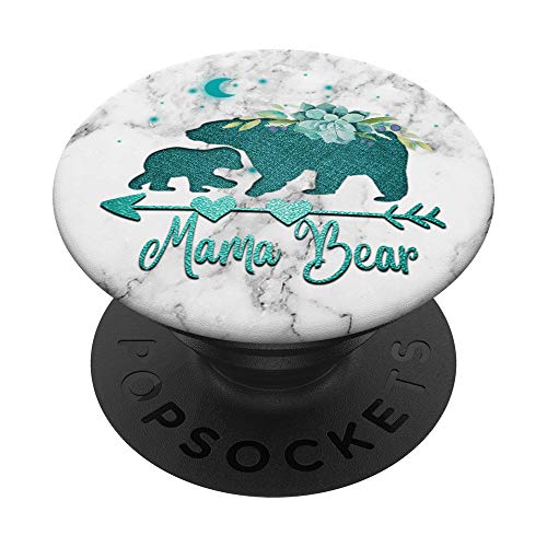 Floral Teal Mama bear with One cub White Gray Background PopSockets Swappable PopGrip