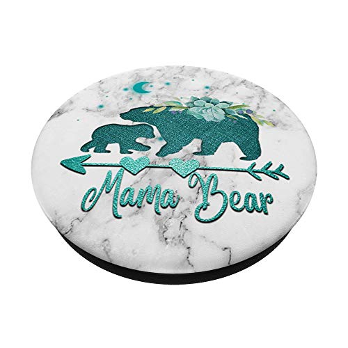 Floral Teal Mama bear with One cub White Gray Background PopSockets Swappable PopGrip