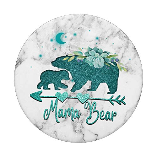 Floral Teal Mama bear with One cub White Gray Background PopSockets Swappable PopGrip