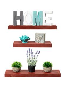 rustic farmhouse 3 tier floating wood shelf - floating wall shelves (set of 3), hardware and fasteners included (cherry, 3 tier)