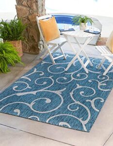 unique loom outdoor botanical collection area rug - curl (7' 1" x 10' rectangle, teal/ ivory)