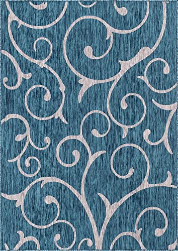 Unique Loom Outdoor Botanical Collection Area Rug - Curl (7' 1" x 10' Rectangle, Teal/ Ivory)