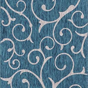 Unique Loom Outdoor Botanical Collection Area Rug - Curl (7' 1" x 10' Rectangle, Teal/ Ivory)