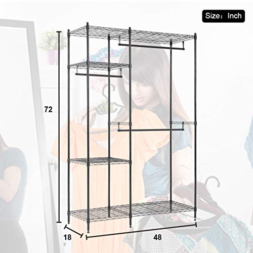 Hanging Closet Organizer and Storage Heavy Duty Clothes Rack Sturdy 3 Rod Garment Rack Large with Wire Shelving Height Adjustable Commercial Grade Metal Clothes Stand Rack for Bedroom Cloakroom,Black