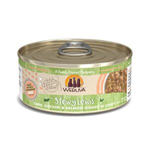 weruva classic cat stews, stewy lewis with lamb, chicken & salmon in gravy, 5.5oz can (pack of 8)