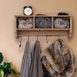HBCY Creations Wall Mounted Shelf with Coat Hooks and Baskets, Solid Wood Entryway Organizer Wall Shelf with Hooks - Hang Coats, Keys or Coffee Mugs, Rustic Brown 24" Wide