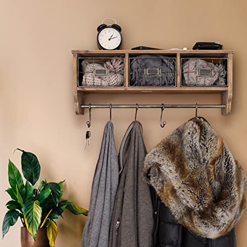 HBCY Creations Wall Mounted Shelf with Coat Hooks and Baskets, Solid Wood Entryway Organizer Wall Shelf with Hooks - Hang Coats, Keys or Coffee Mugs, Rustic Brown 24" Wide
