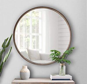 hbcy creations large round mirror, 27.5 inch brushed bronze wall mirror with handcrafted oil rubbed frame, metal framed decorative hanging mirror for both rustic and boho design and decor