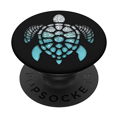 Silver Light Blue Turtle Phone Grip on a Black Pattern PopSockets Swappable PopGrip