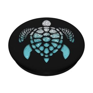 Silver Light Blue Turtle Phone Grip on a Black Pattern PopSockets Swappable PopGrip