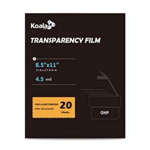 koala laser transparency film, color transparent paper for ohp, clear overhead projector film 8.5x11 inches for laser jet printer and copier, double-sided printing photo transparent film 20 packs