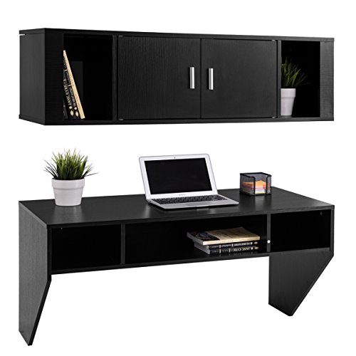 Giantex Wall Mounted Floating Computer Desk with Storage Shelves for Home Office Bedroom Home Work Station Desk, Black