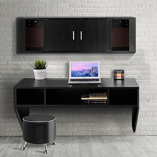 Giantex Wall Mounted Floating Computer Desk with Storage Shelves for Home Office Bedroom Home Work Station Desk, Black