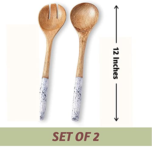 Folkulture Salad Servers or Salad Tongs, Wooden Utensils for Serving Salad, 12-inch Spoon and Fork Set, Mango Wood, Blue Servers