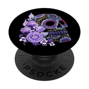 purple floral black sugar skull day of the dead popsockets popgrip: swappable grip for phones & tablets