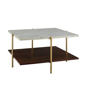 walker edison hollin mid century modern square marble top coffee table, 32 inch, marble and gold