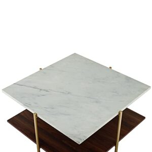 Walker Edison Hollin Mid Century Modern Square Marble Top Coffee Table, 32 Inch, Marble and Gold