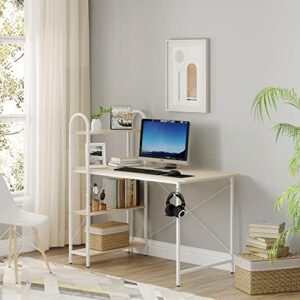 HOME BI Computer Desk with Storage Shelves 47 inch, Reversible Study Writing Table with Adjustable Bookshelf, Mordern Small Desk for Home,Office,Bedroom,White