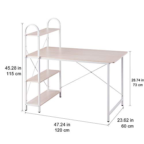 HOME BI Computer Desk with Storage Shelves 47 inch, Reversible Study Writing Table with Adjustable Bookshelf, Mordern Small Desk for Home,Office,Bedroom,White