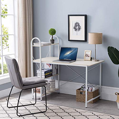 HOME BI Computer Desk with Storage Shelves 47 inch, Reversible Study Writing Table with Adjustable Bookshelf, Mordern Small Desk for Home,Office,Bedroom,White