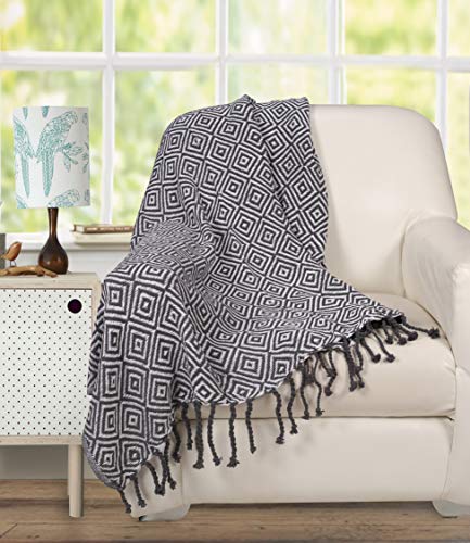 Throw Blanket With Fringes In Diamond Design 50x60 Inch - Charcoal White Cotton Throw For Sofa, Chair, Bed, & Everyday Use, Well crafted for durability, Farmhouse Throw,All Season Throw Blanket
