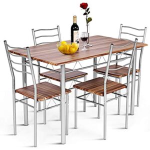giantex modern 5 piece dining table set with 4 chairs metal frame wood like kitchen furniture rectangular table & chair sets for dining room (shallow walnut)