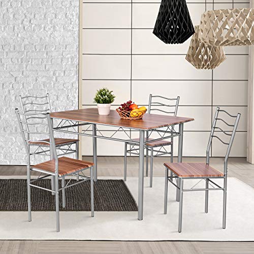 Giantex Modern 5 Piece Dining Table Set with 4 Chairs Metal Frame Wood Like Kitchen Furniture Rectangular Table & Chair Sets for Dining Room (Shallow Walnut)