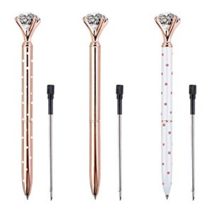 ZZTX 3PCS Big Crystal Diamond Ballpoint Pen Bling Metal Ballpoint Pen Office Supplies, Rose Gold/White With Rose Polka Dots/Rose Gold With White Polka Dots, Includes 3 Pen Refills