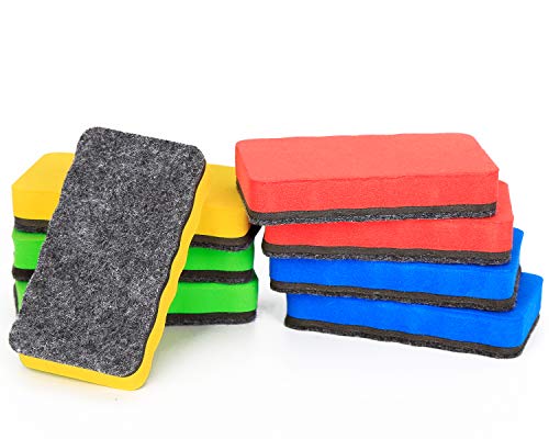 8 Pack Magnetic Dry Eraser - Wellerly Whiteboard Erasers Chalkboard Cleaners Eraser Dry Erase Wipe for Classroom Home Office School Teacher (Blue+Yellow+Red+Green, 4.2inch x 2.2inch x 0.8inch)