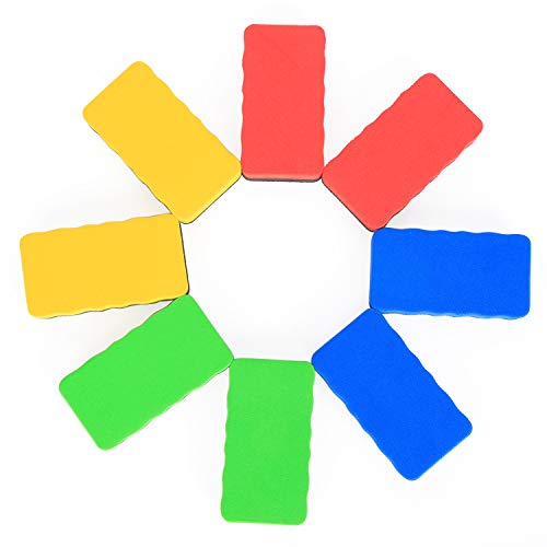 8 Pack Magnetic Dry Eraser - Wellerly Whiteboard Erasers Chalkboard Cleaners Eraser Dry Erase Wipe for Classroom Home Office School Teacher (Blue+Yellow+Red+Green, 4.2inch x 2.2inch x 0.8inch)