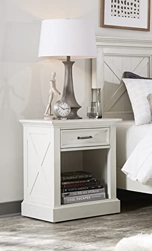 Home Styles Seaside Lodge Nightstand in White Finish, Wide Frame, Plank Top Design with One Drawer and Open Storage, Frame Constructed from Mahogany Wood Solids
