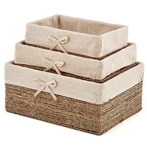 ezoware natural seagrass woven baskets, set of 3 rectangular storage organizer wicker nesting container bins boxes for organizing kids baby closets, room decor, gift baskets empty - mixed size