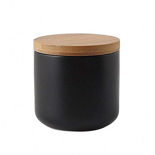 Pure Color Ceramic Sugar Bowl with Wooden Lid Sugar Dispenser Salt Pepper Storage Jar Pot Sugar Container Seasoning Pot Box Condiment Spice Racks Holder for Home Kitchen Black