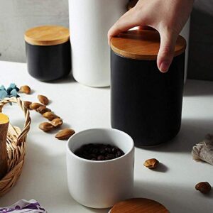 Pure Color Ceramic Sugar Bowl with Wooden Lid Sugar Dispenser Salt Pepper Storage Jar Pot Sugar Container Seasoning Pot Box Condiment Spice Racks Holder for Home Kitchen Black