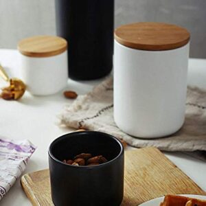 Pure Color Ceramic Sugar Bowl with Wooden Lid Sugar Dispenser Salt Pepper Storage Jar Pot Sugar Container Seasoning Pot Box Condiment Spice Racks Holder for Home Kitchen Black