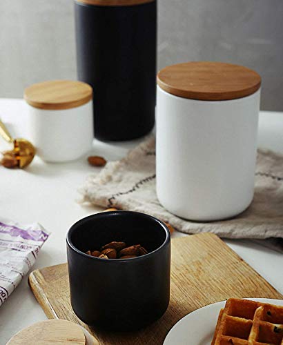 Pure Color Ceramic Sugar Bowl with Wooden Lid Sugar Dispenser Salt Pepper Storage Jar Pot Sugar Container Seasoning Pot Box Condiment Spice Racks Holder for Home Kitchen Black