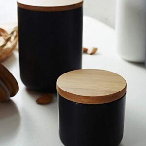 Pure Color Ceramic Sugar Bowl with Wooden Lid Sugar Dispenser Salt Pepper Storage Jar Pot Sugar Container Seasoning Pot Box Condiment Spice Racks Holder for Home Kitchen Black