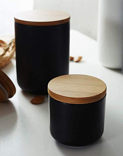 Pure Color Ceramic Sugar Bowl with Wooden Lid Sugar Dispenser Salt Pepper Storage Jar Pot Sugar Container Seasoning Pot Box Condiment Spice Racks Holder for Home Kitchen Black