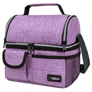 opux insulated dual compartment lunch bag for women | double deck reusable lunch pail cooler bag with shoulder strap, soft leakproof liner | large lunch box tote for work, school (purple), standard