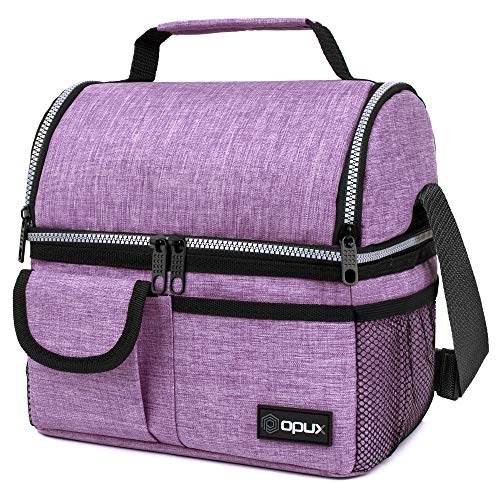 OPUX Insulated Dual Compartment Lunch Bag for Women | Double Deck Reusable Lunch Pail Cooler Bag with Shoulder Strap, Soft Leakproof Liner | Large Lunch Box Tote for Work, School (Purple), Standard