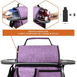 OPUX Insulated Dual Compartment Lunch Bag for Women | Double Deck Reusable Lunch Pail Cooler Bag with Shoulder Strap, Soft Leakproof Liner | Large Lunch Box Tote for Work, School (Purple), Standard